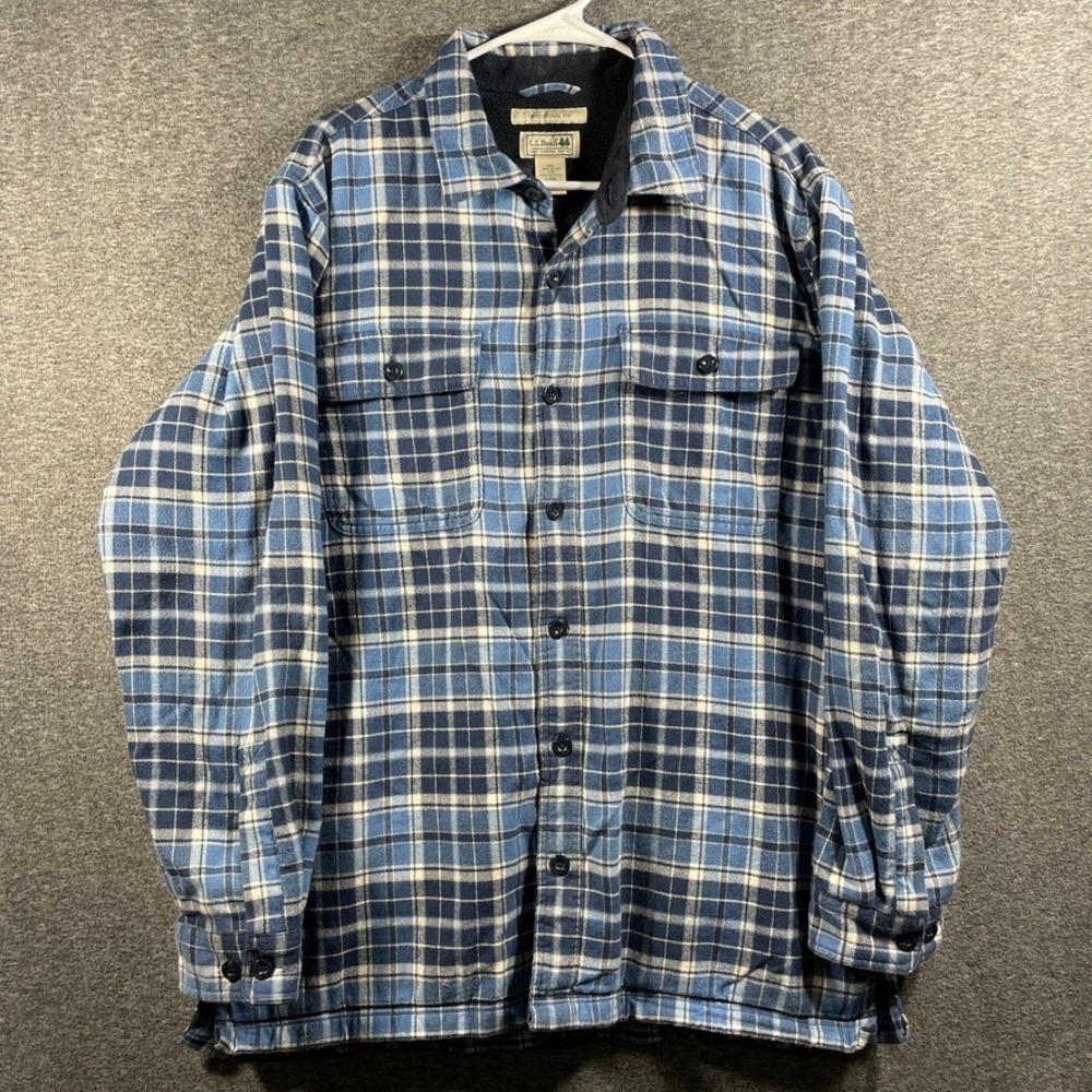 LL Bean Flannel Shirt Mens Large Blue Plaid Fleece Lined Button Shacket Workwear